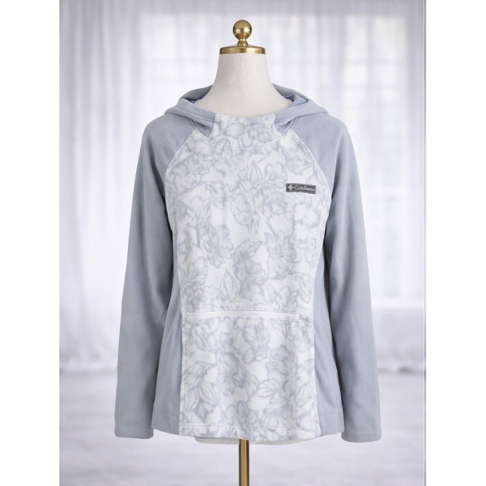 Columbia Fleece Pullover Heavy Size Large Gray Printed Mock Neck Hooded
